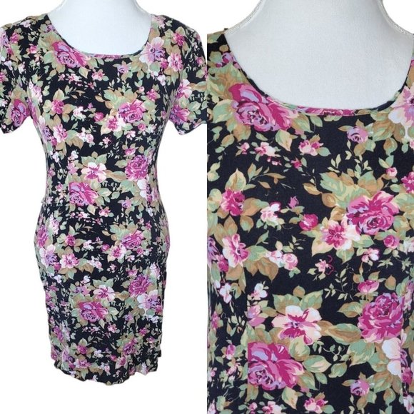 Vintage 90s Black Pink Floral Casual Dress Roses Size 6 8 Rayon Knee‎ Length - Picture 1 of 11
